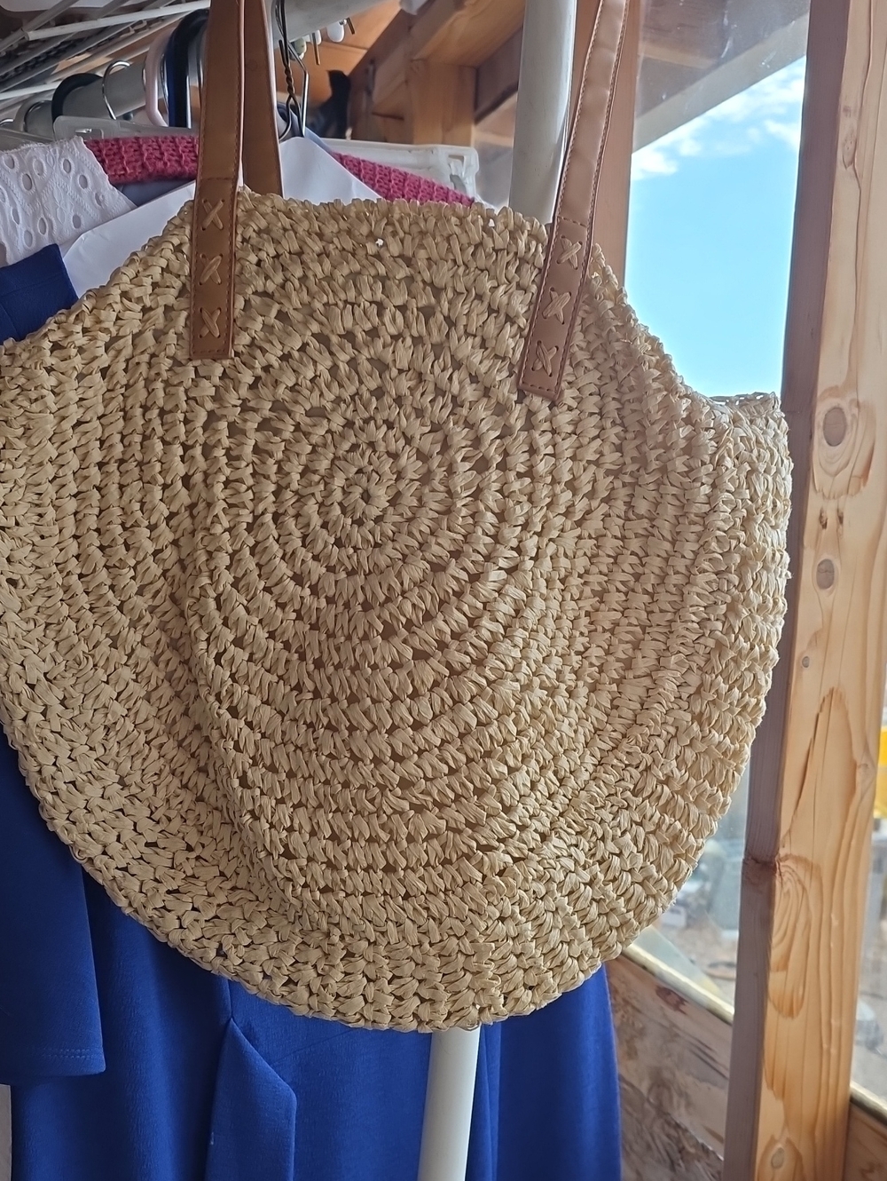 Woven Straw Circle Tote Bag with Tan Leather Handles